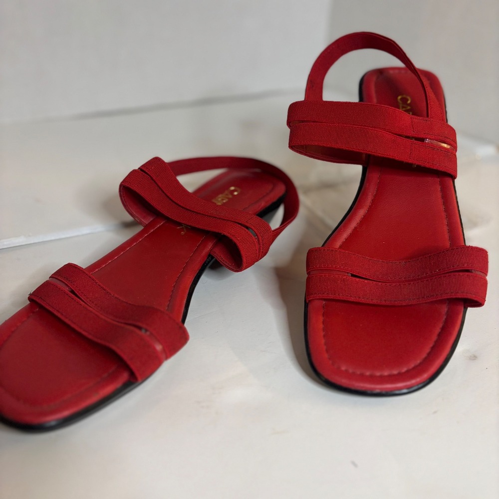 Red Multi Strap Elastic Slingback Sandals Square Toe Flat Wedding Guest Shoe 90s